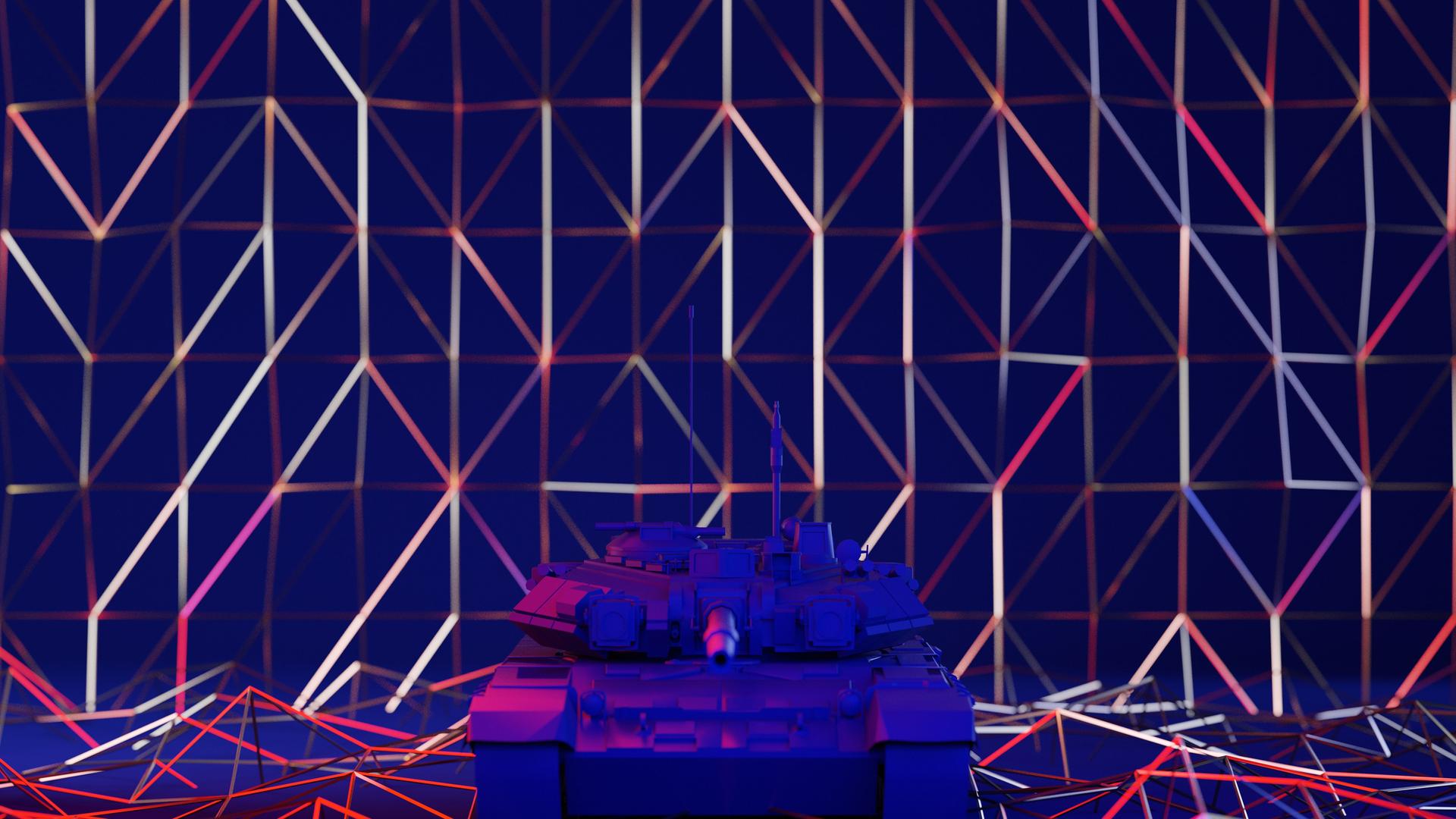 Illustration: Ein Armee-Panzer vor einem abstrakten geometrischen Hintergrund. 