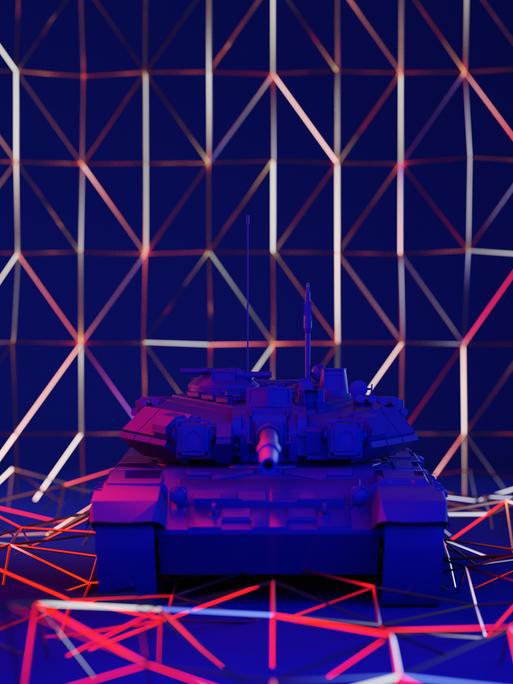 Illustration: Ein Armee-Panzer vor einem abstrakten geometrischen Hintergrund. 