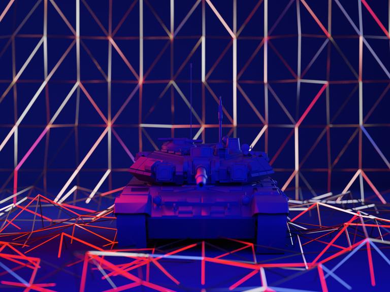 Illustration: Ein Armee-Panzer vor einem abstrakten geometrischen Hintergrund. 