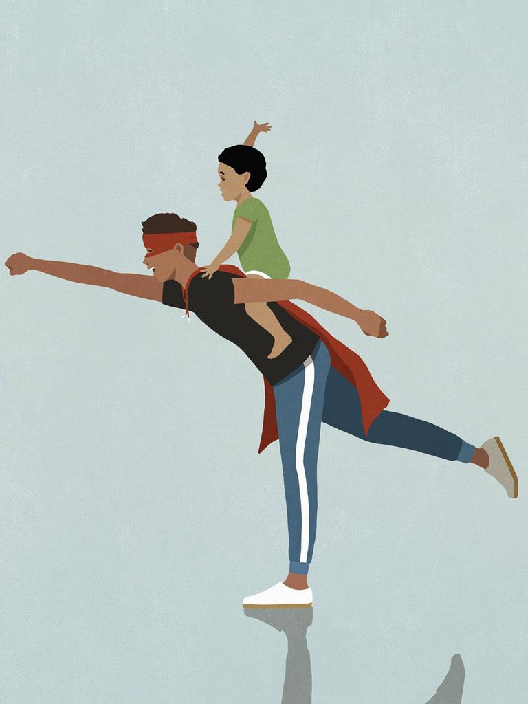 Illustration: Glücklicher, verspielter Vater im Superheldenkostüm, der sein Kind huckepack nimmt.