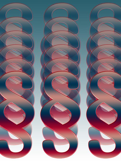 In Reihen hinterienander angeordnete Paragraphenzeichen in Blau- und Rottönen