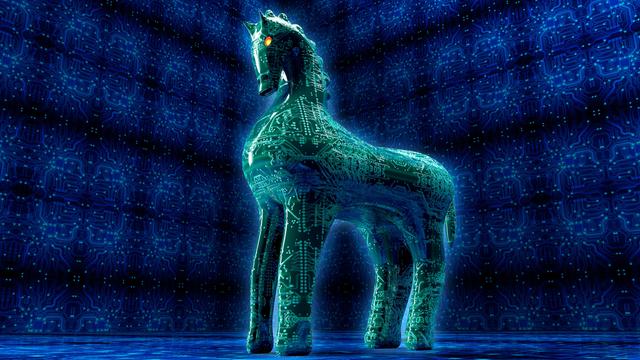 Animation eines trojanischen Pferdes, gebildet aus einer elektronischen Leiterplatine. Der Hintergrund ist blau-schwarz.