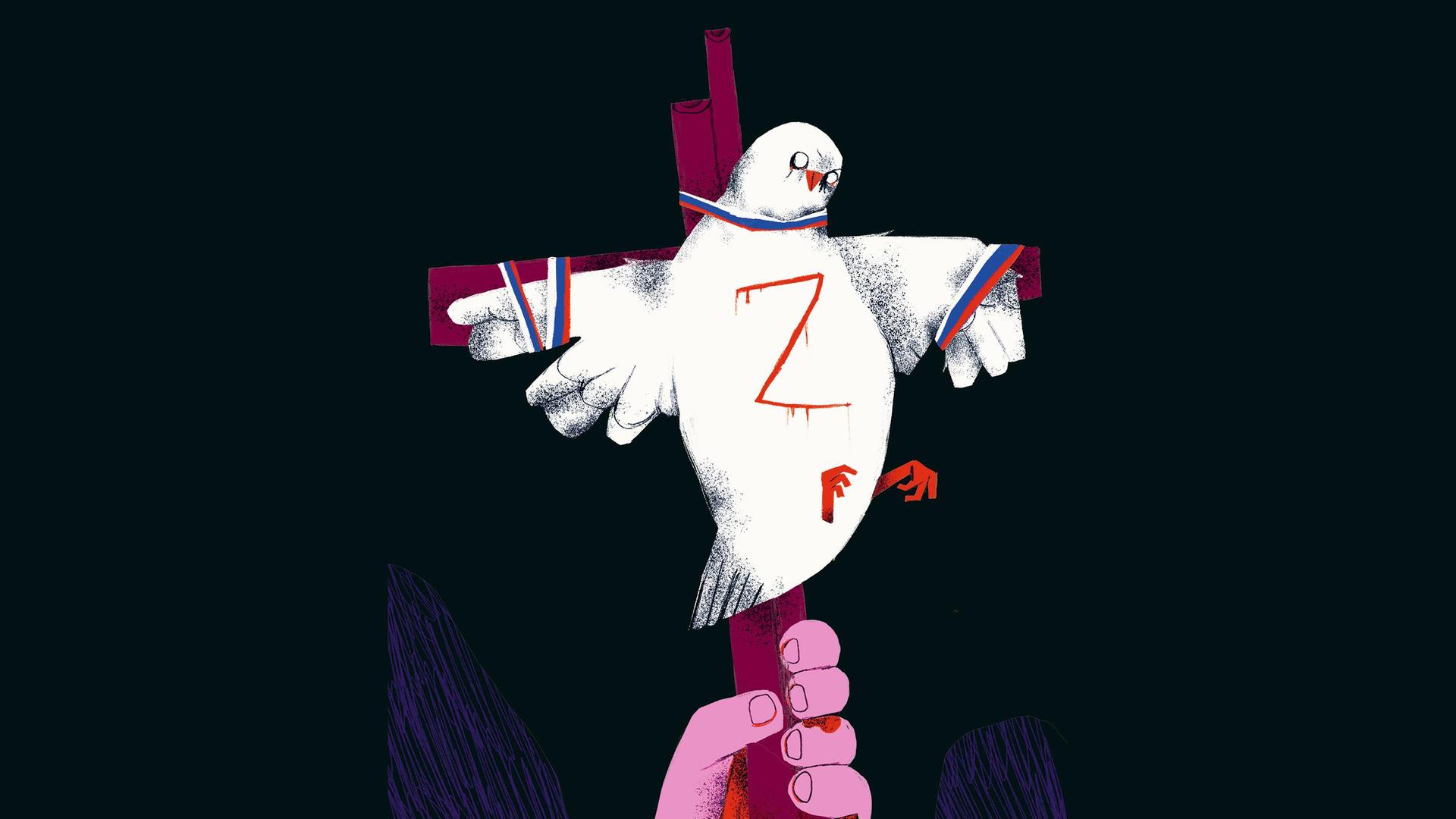 Eine Illustration zum Krieg in der Ukraine von Anya Sarwira. Es zeigt eine weiße Taube mit dem Z-Symbol an einem Kreuz.