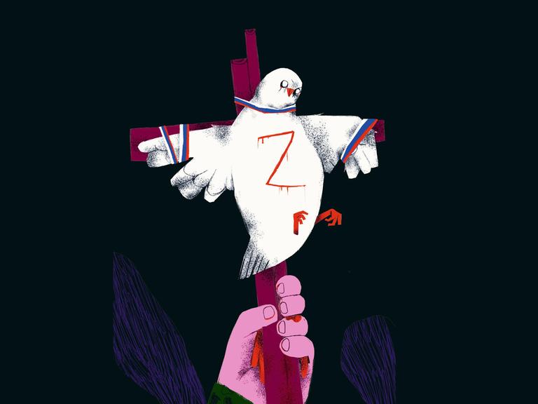 Eine Illustration zum Krieg in der Ukraine von Anya Sarwira. Es zeigt eine weiße Taube mit dem Z-Symbol an einem Kreuz.
