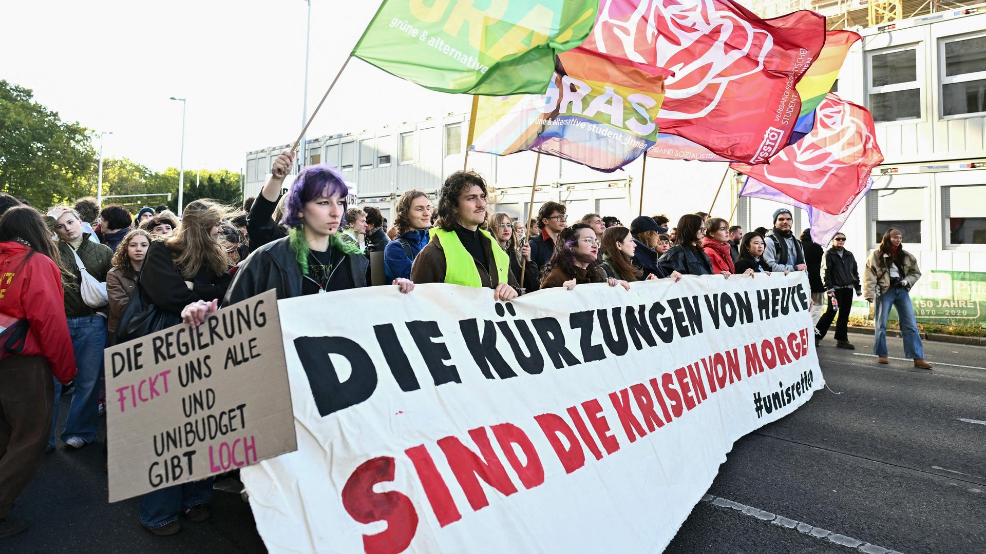 Demonstranten in Wien halten ein Transparent auf dem steht: "Die Kürzungen von heute sind die Krisen von morgen."