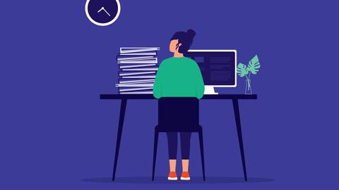 Illustration einer Frau, die von hinten zu sehen ist und am Schreibtisch sitzt. Auf dem Schreibtisch steht ein Monitor und es stapeln sich Ordner. An der Wand hängt eine Uhr zu der die Frau schaut.