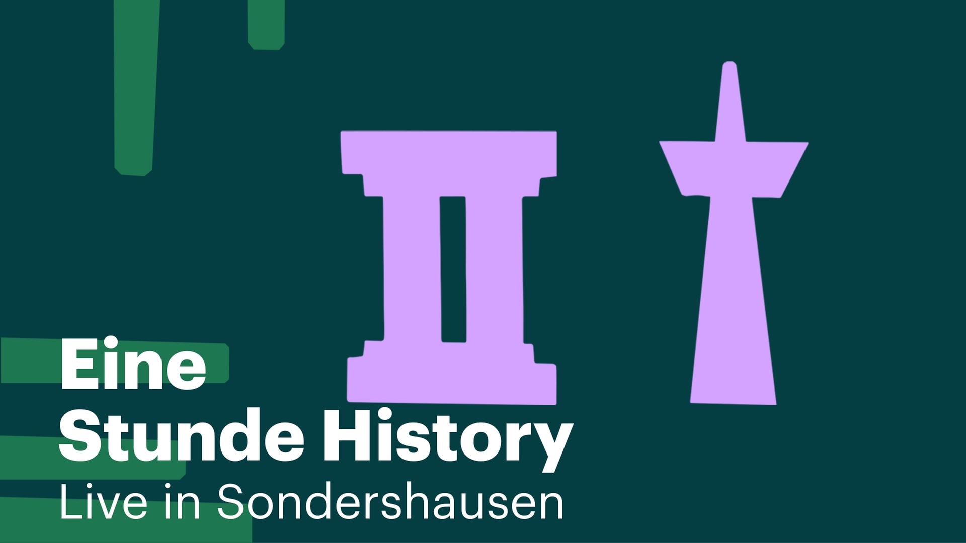 Das Visual zeigt einen weißen Schriftzug von "Eine Stunde History" auf einem mittel- bis dunkelgrünen Hintergrund und zeigt eine Säule sowie einen Fernsehtum in der Farbe lila.
