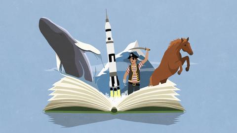 Grafik: Ein Wal, eine Rakete, ein Pirat und Meereswellen steigen aus einem aufgeklappten Buch auf