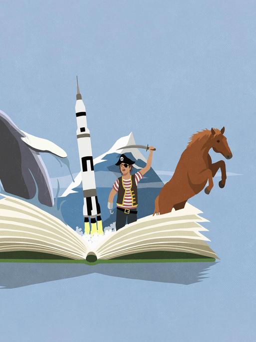 Grafik: Ein Wal, eine Rakete, ein Pirat und Meereswellen steigen aus einem aufgeklappten Buch auf