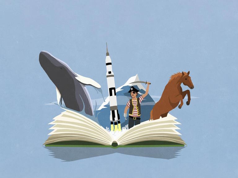Grafik: Ein Wal, eine Rakete, ein Pirat und Meereswellen steigen aus einem aufgeklappten Buch auf