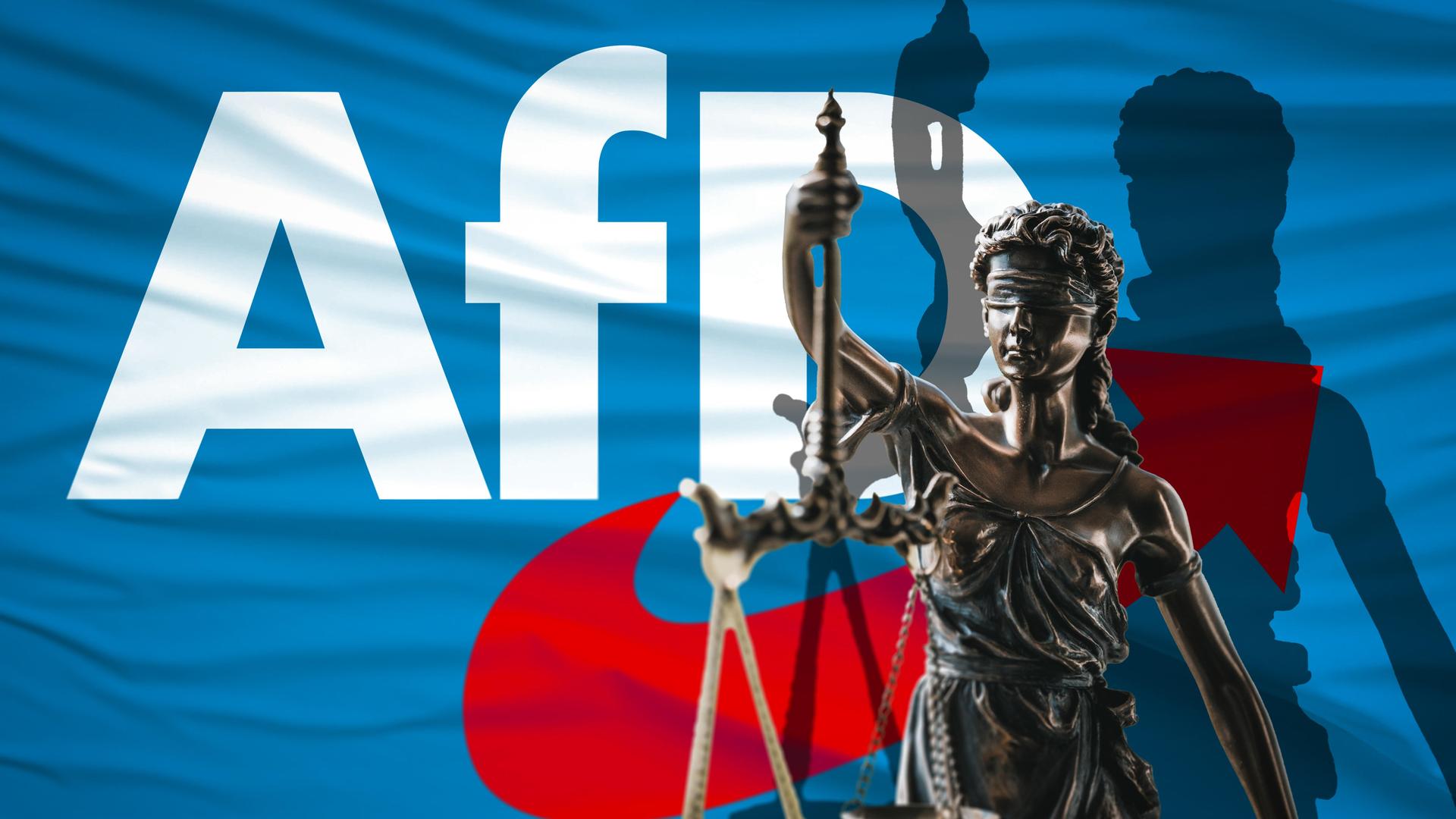 Die Fotomontage zeigt das weißte AfD-Logo auf blauem Hintergrund. Davor ist die Figur der Justitia abgebildet.