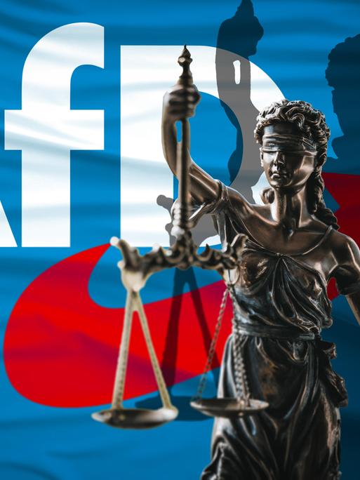 Die Fotomontage zeigt das weißte AfD-Logo auf blauem Hintergrund. Davor ist die Figur der Justitia abgebildet.