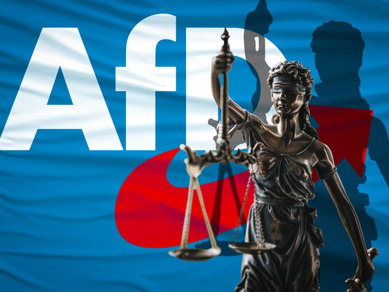 Die Fotomontage zeigt das weißte AfD-Logo auf blauem Hintergrund. Davor ist die Figur der Justitia abgebildet.