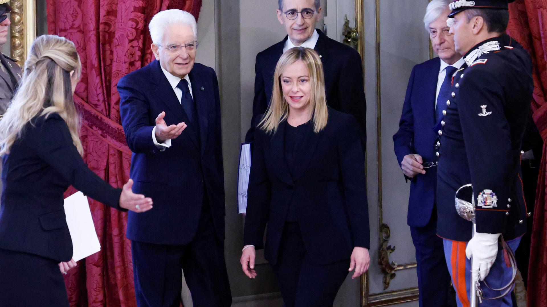Italian President, Sergio Mattarella, and Italian Prime Minister, Giorgia Meloni, during the swearing-in ceremony of the new Italian Government, at Quirinal Palace, Rome, Italy, 22 October 2022. ANSA/FABIO FRUSTACI Italian President, Sergio Mattarella, and Italian Prime Minister, Giorgia Meloni, during the swearing-in ceremony of the new Italian Government, at Quirinal Palace, Rome, Italy, 22 October 2022. ANSA/FABIO FRUSTACI