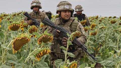 Auf diesem vom Pressedienst der 65. Mechanisierten Brigade der Ukraine zur Verfügung gestellten Foto üben Rekruten militärische Fertigkeiten auf einem Übungsplatz auf einem Sonnenblumenfeld in der Region Saporischschja.