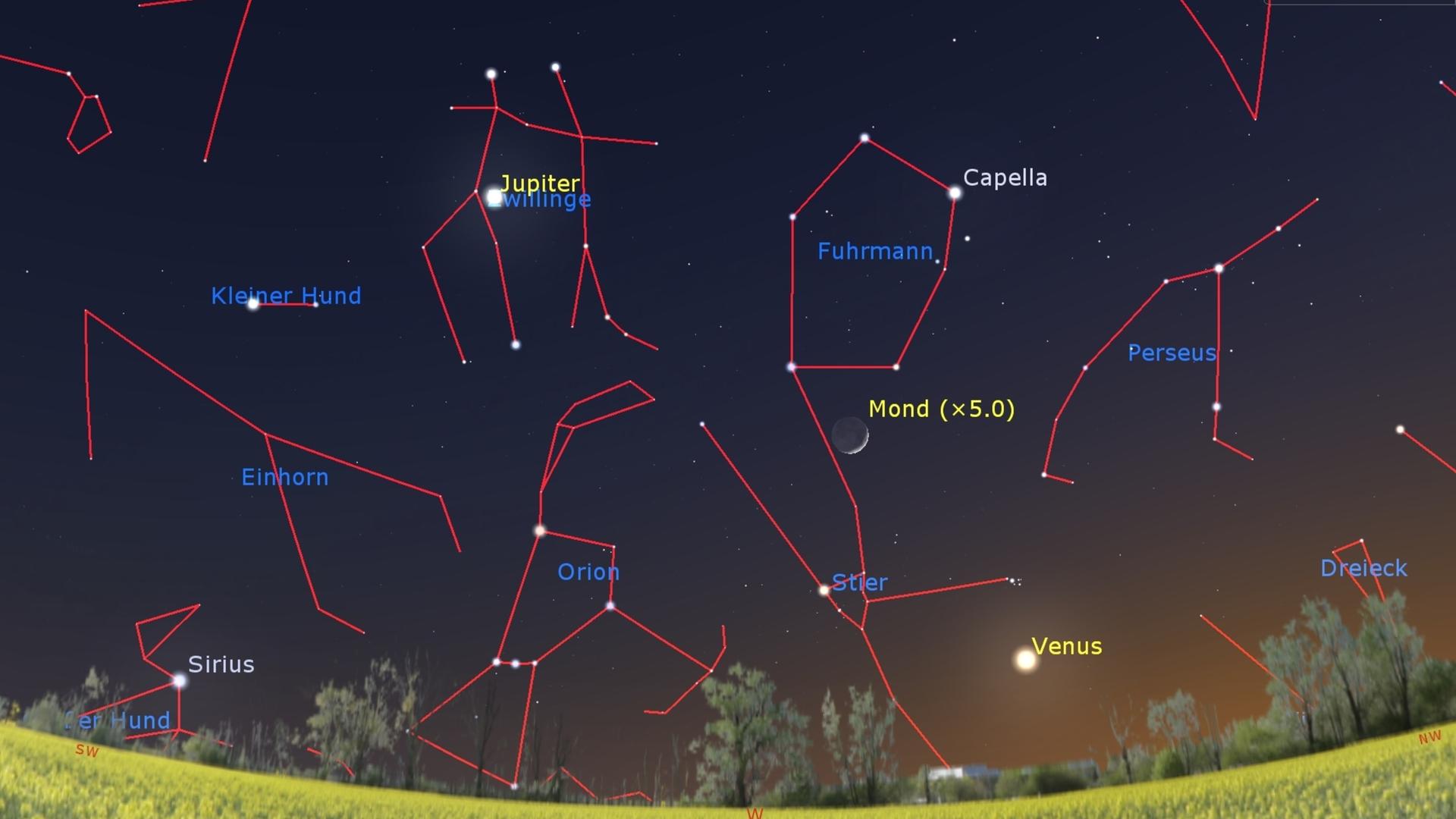 Am Nachthimmel sind mehrere Sternbilder eingezeichnet, z.B. Stier, Orion, Kleiner Hund und Einhorn