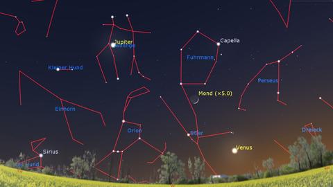 Am Nachthimmel sind mehrere Sternbilder eingezeichnet, z.B. Stier, Orion, Kleiner Hund und Einhorn
