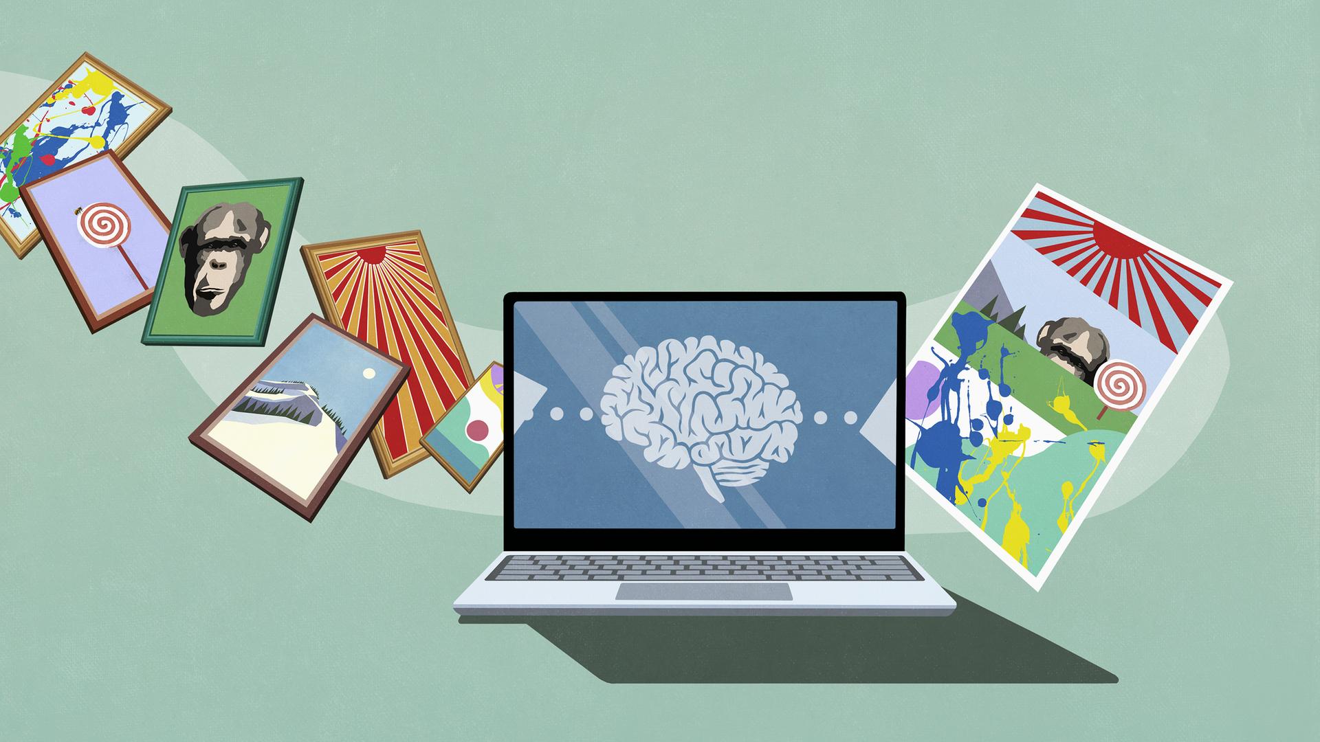 Illustration: Ein Gehirn auf dem Laptop-Bildschirm verarbeitet Bilder, auf der anderen Seite wird eine Bildcollage ausgespuckt.