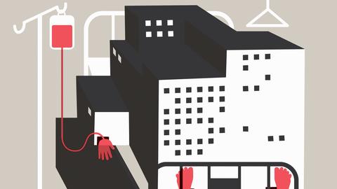 Illustration: Ein Krankenhausgebäude als kranker Patient liegt in einem Bett.