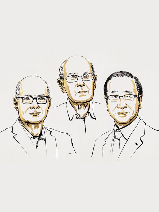 Illustration der drei Nobelpreisträger für Chemie 2025: Omar M. Yaghi, Richard Robson und Susumu Kitagawa