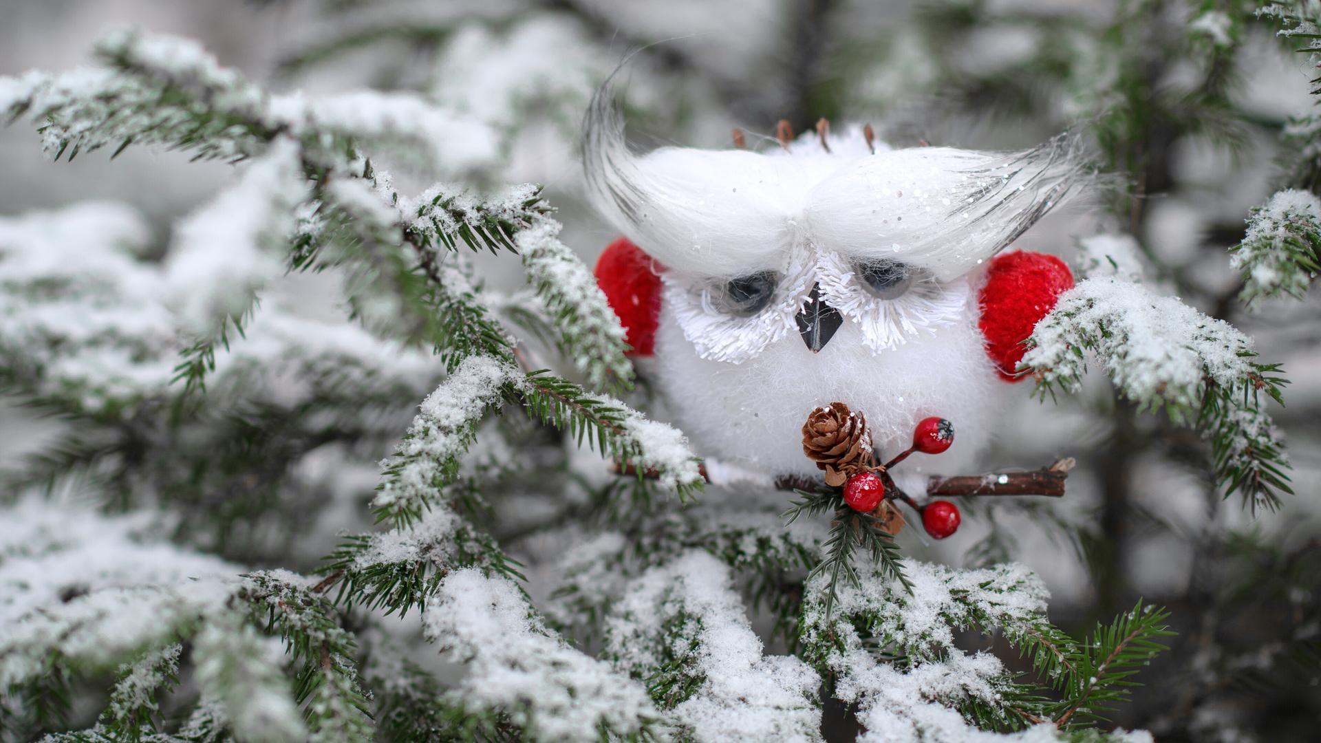 Deko-Eule mit roten Kopfhörern auf einem Zweig des Weihnachtsbaums Deko-Eule mit roten Kopfhörern auf einem Zweig des Weihnachtsbaums