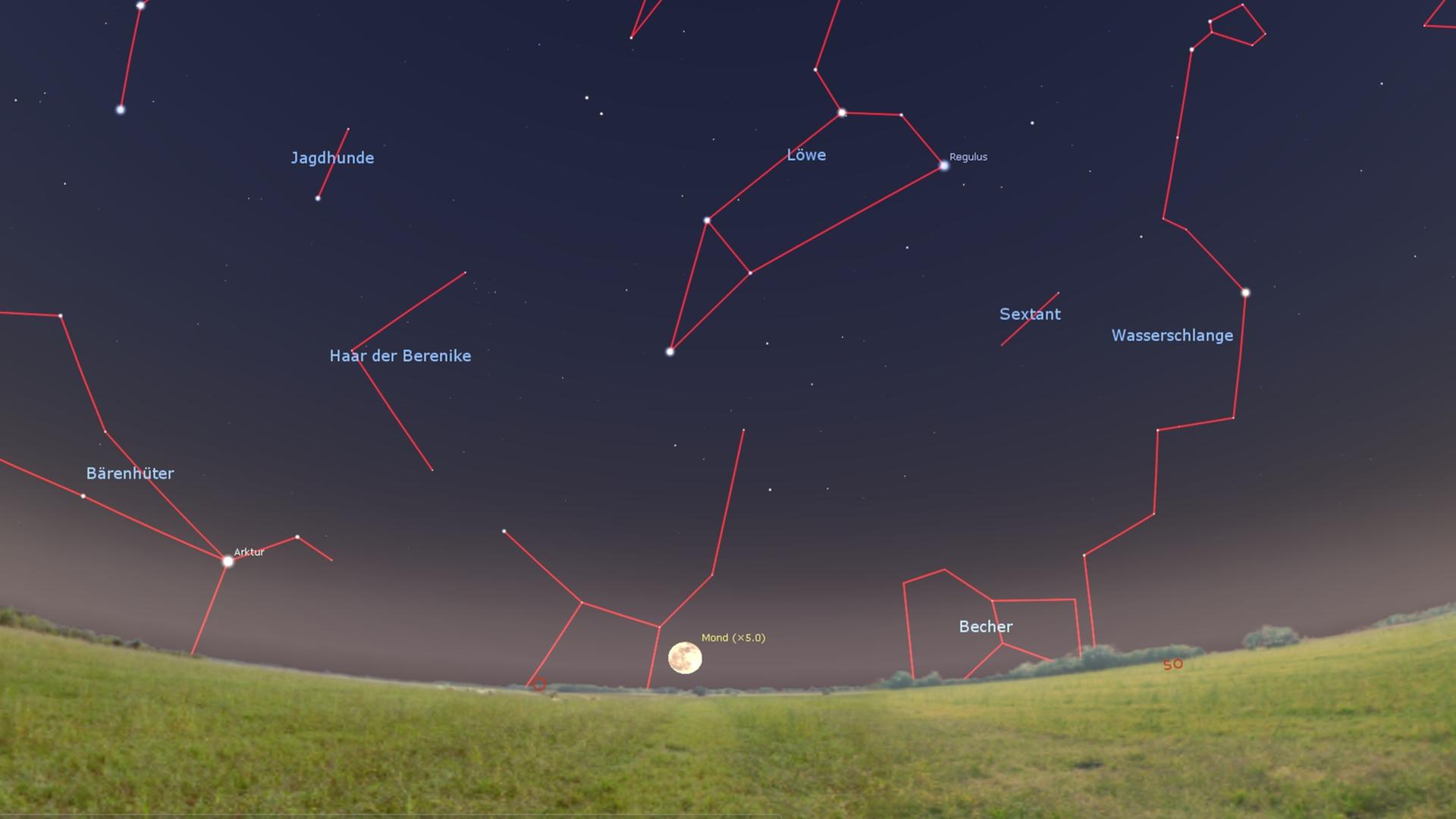 Schematische, app-generierte Darstellung des Nachthimmels mit Sternbildern und.
