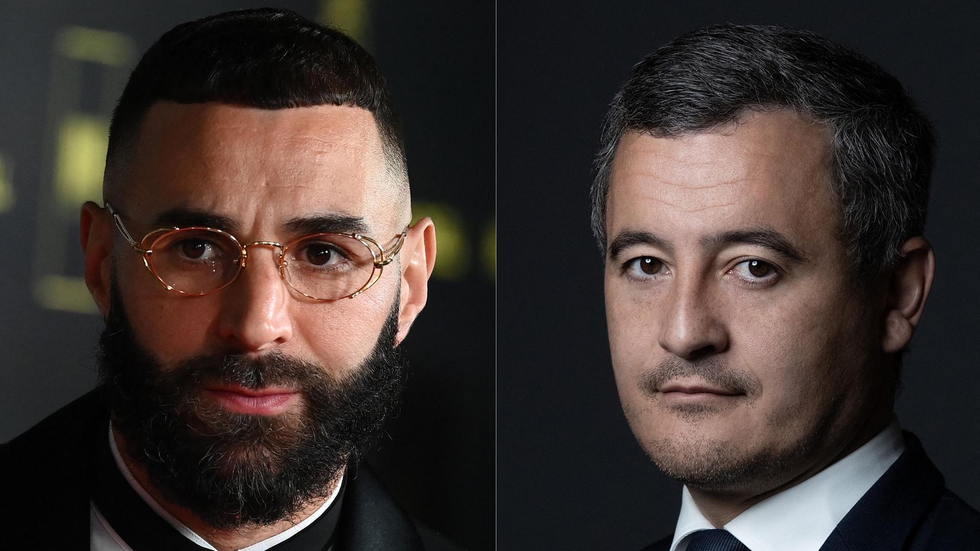 Fotomontage: Der französische Fußballspieler Karim Benzema, links, und der französische Innenminister Gerald Darmanin. Fotomontage: Der französische Fußballspieler Karim Benzema, links, und der französische Innenminister Gerald Darmanin.