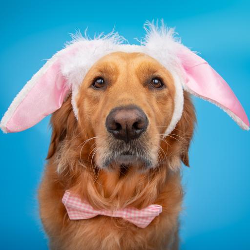 Ein Golden Treriever vor einem blauen Hintergrund, er trägt Hasenphren und eine Krawatte