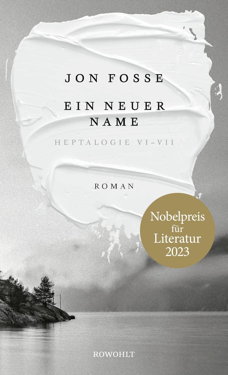 Das Cover des Romans "Ein euer Name" zeigt den Romantitel auf einem Klecks weißer Farbe. Die Farbe ist auf eine Schwarz-Weiß-Fotografie einer Landschaft aufgebracht. 