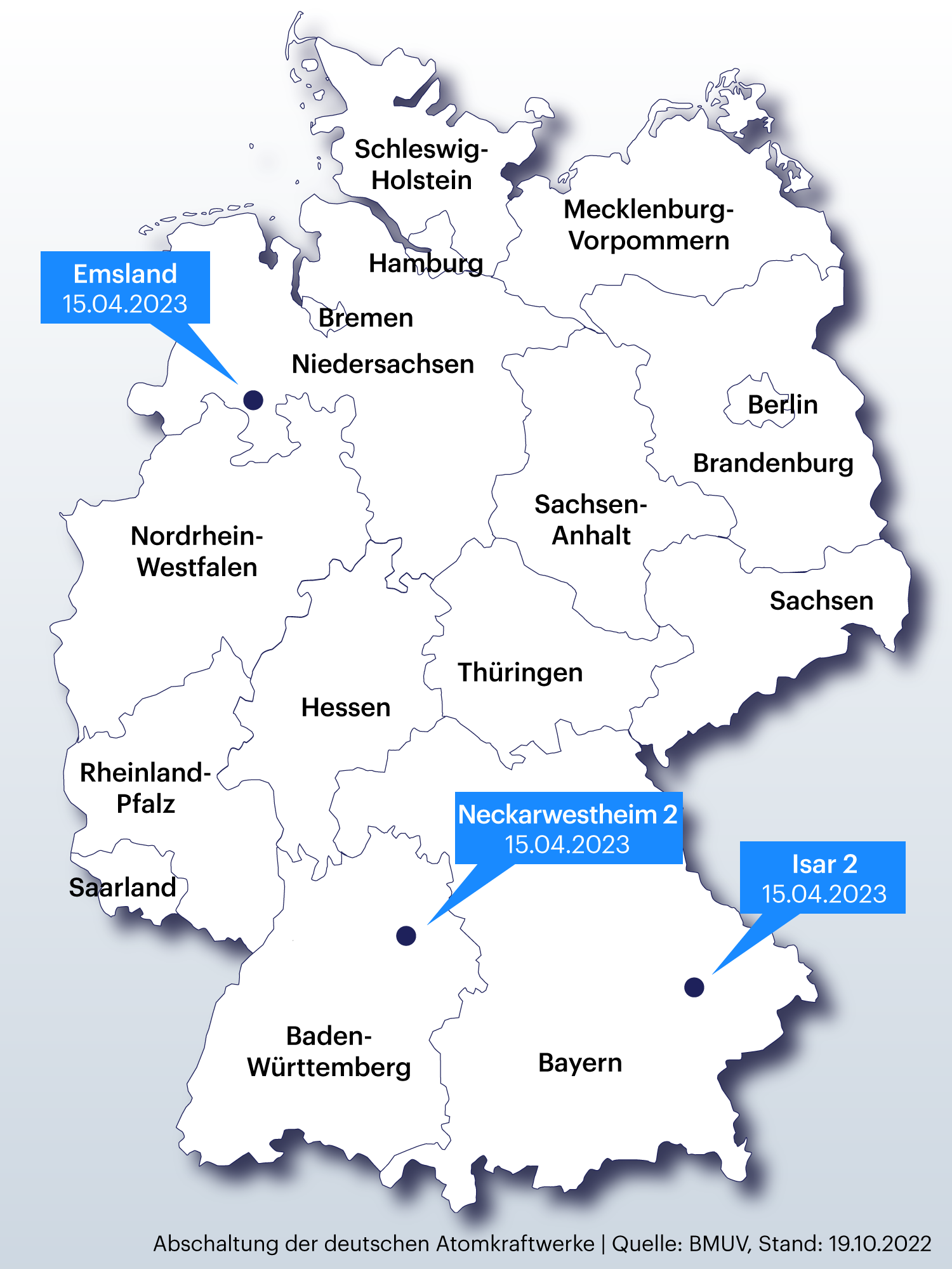 Karte zeigt die verbleibenden deutschen Atomkraftwerke