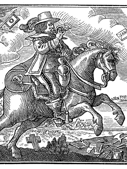 Illustration des friedensbringenden Postreiters im Westfälischen Frieden.