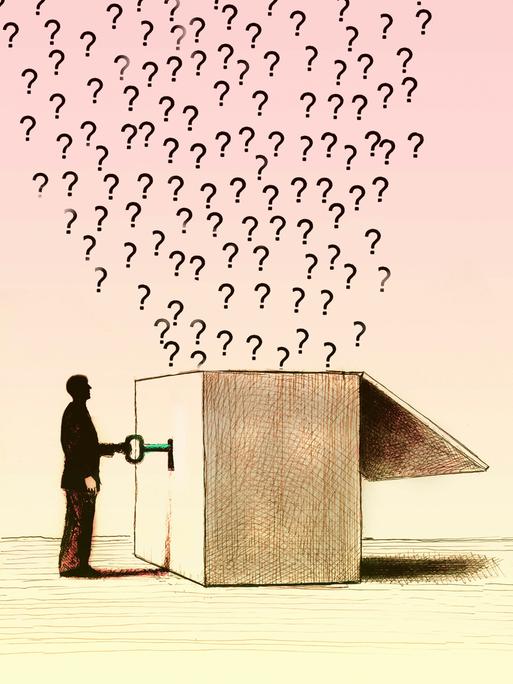 Die Illustration zeigt einen Mann der eine Box öffnet und viele Fragen aus einer Box frei legt.