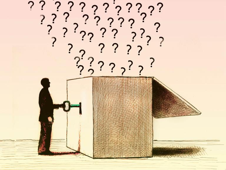 Die Illustration zeigt einen Mann der eine Box öffnet und viele Fragen aus einer Box frei legt.