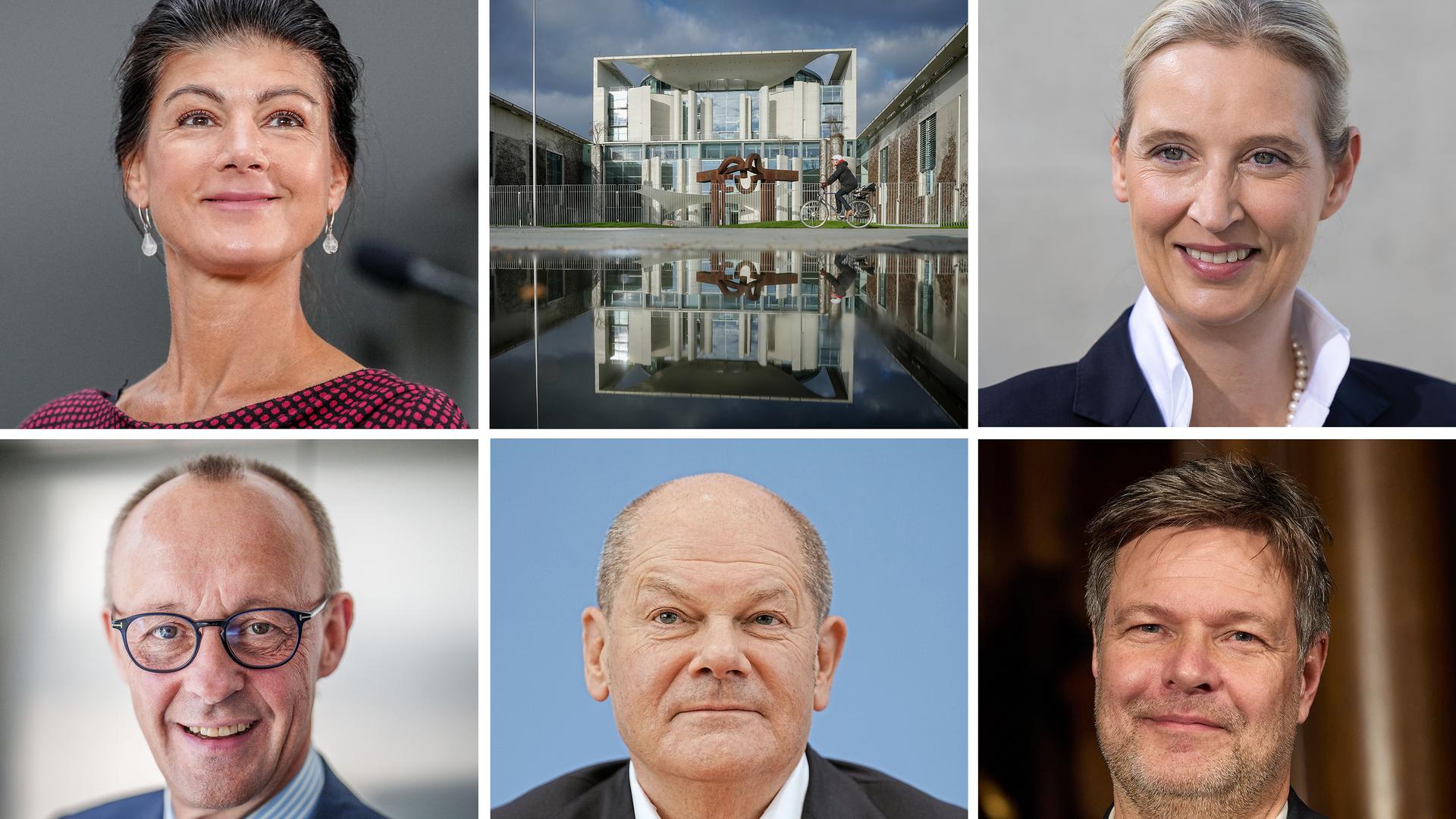 Foto-Montage von den Kanzlerkandidatinnen und -kandidaten 2025 (v.l.n.r): Sahra Wagenknecht (BSW), Alice Weidel (AfD). Friedrich Merz (CDU/CSU), Olaf Scholz (SPD), Robert Habeck (Bündnis'90/Die Grünen). In der Mitte oben: das Kanzler-Amt.