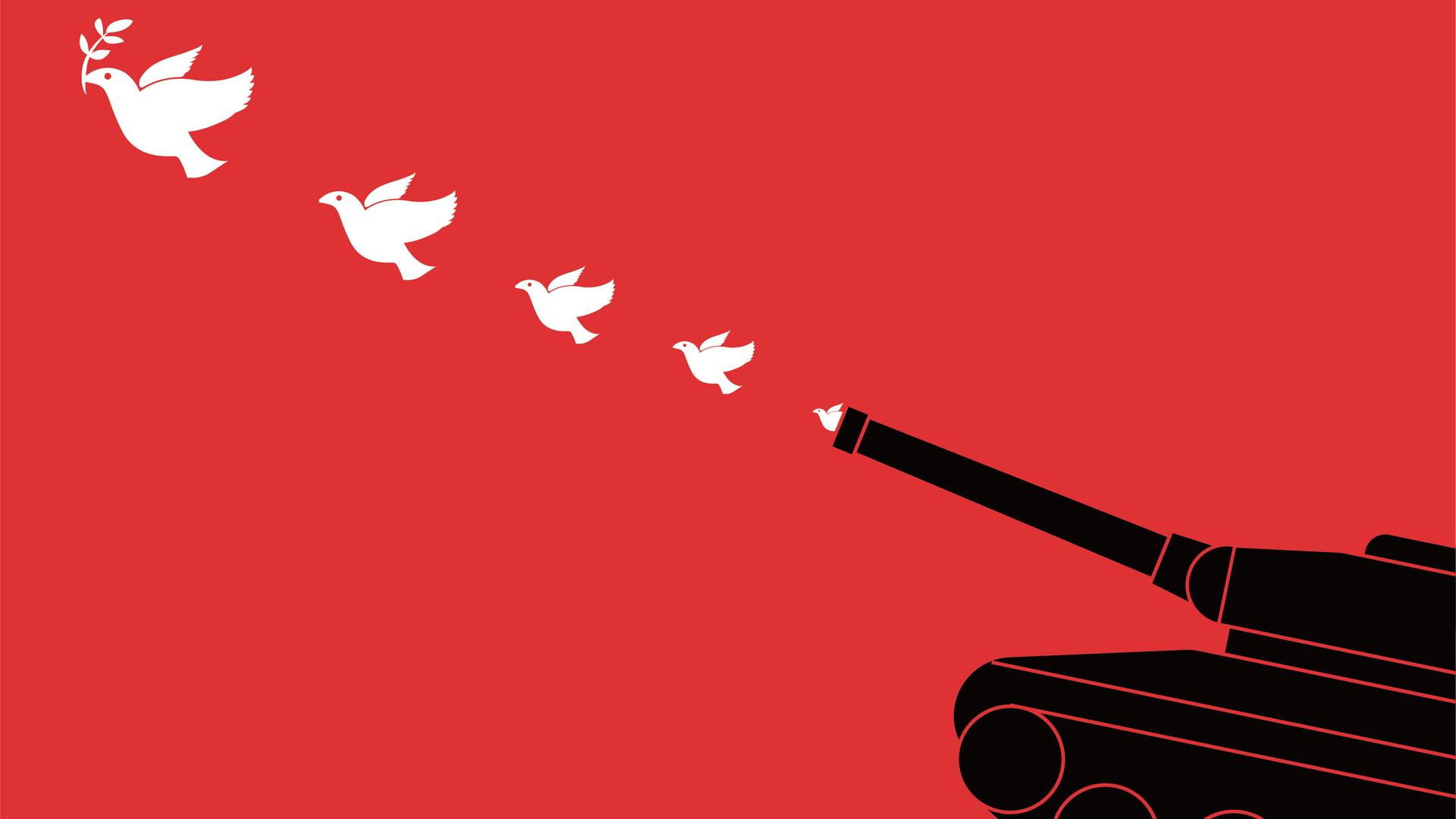 Illustration eines Panzers, aus dessen Rohr weiße Friedenstrauben fliegen.