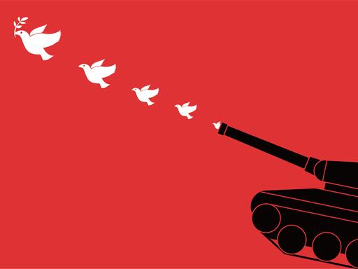 Illustration eines Panzers, aus dessen Rohr weiße Friedenstrauben fliegen.
