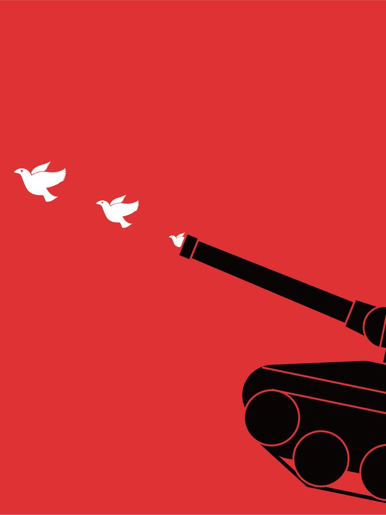 Illustration eines Panzers, aus dessen Rohr weiße Friedenstrauben fliegen.