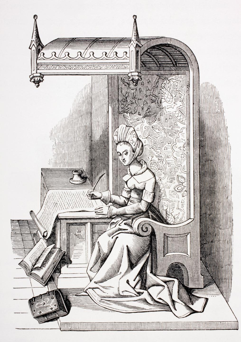 Kupferstich von Christine de Pizan. Eine junge Frau schreibt mit Tinte und Feder auf einer Papierrolle. 