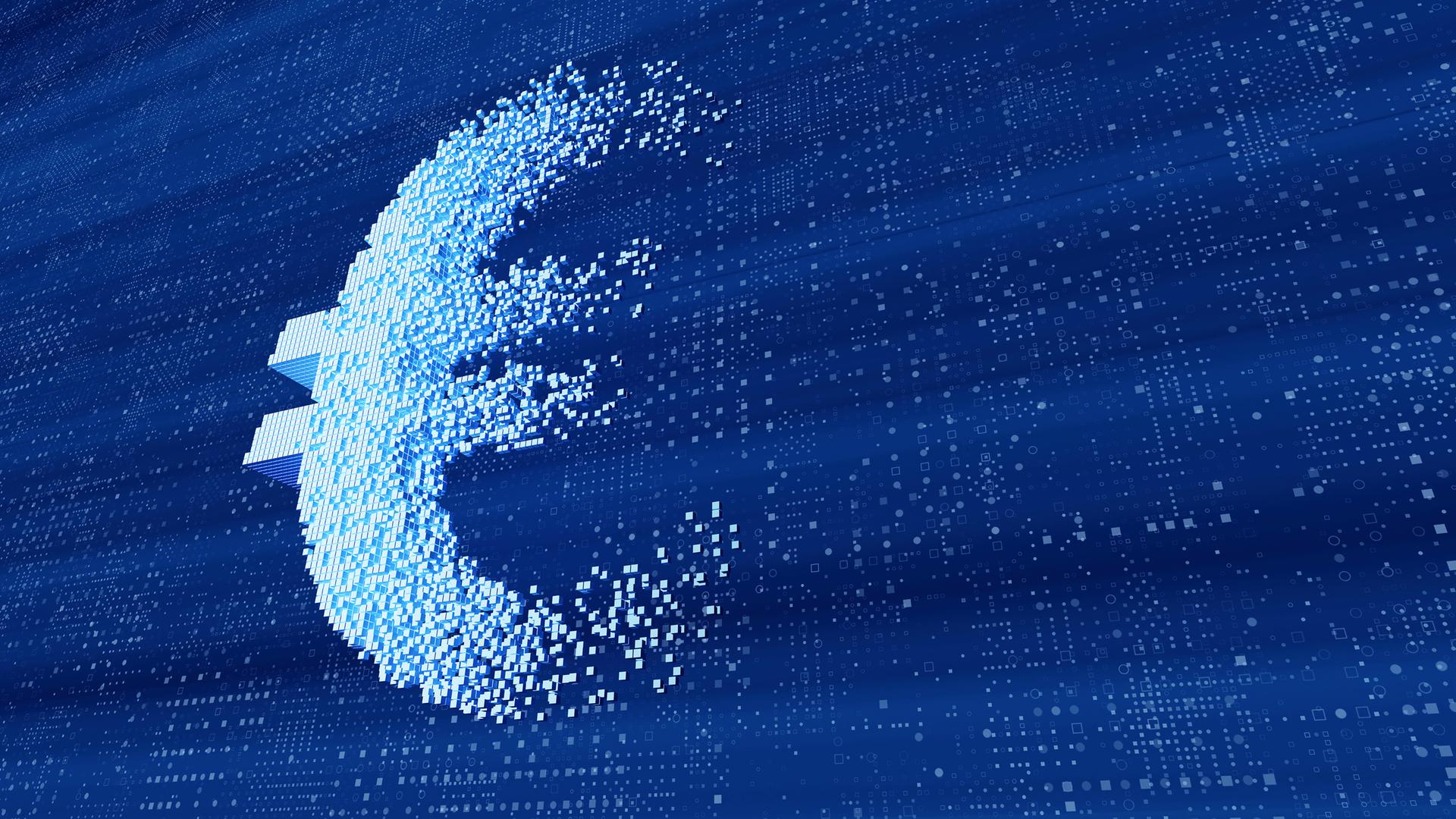 Illustration: Verpixeltes Eurozeichen auf digitalem blauem Hintergrund.