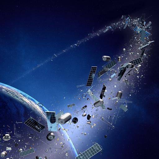 Weltraummüll, der um die Erde kreist – Konzept der Verschmutzung unseres Planeten (Texturkarte für 3D bereitgestellt von der NASA)