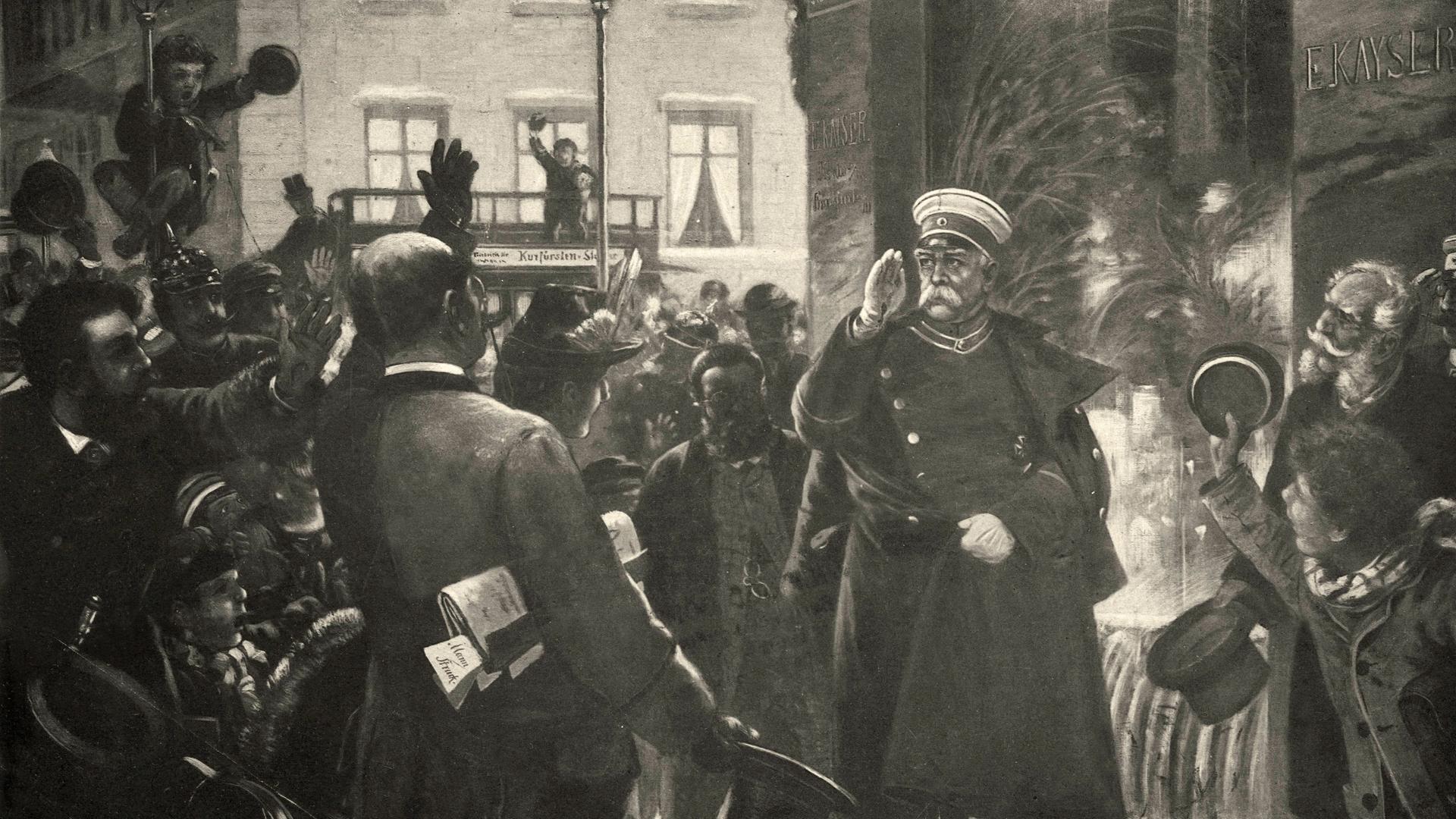 Ein Gemälde von Carl Sellmer vom Februar 1888 zeigt Otto von Bismarck mit Offizierskappe  schreitend, umringt von Jubelnden.