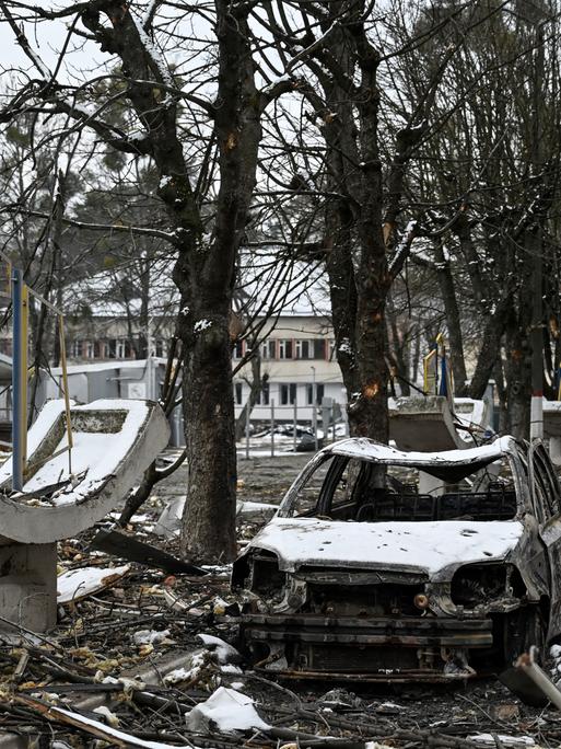 Ein militärischer Betrieb in der Stadt Brovary nahe Kiew, der am 1.3.2022 durch russischen Kampfhandlungen zerstört wurde