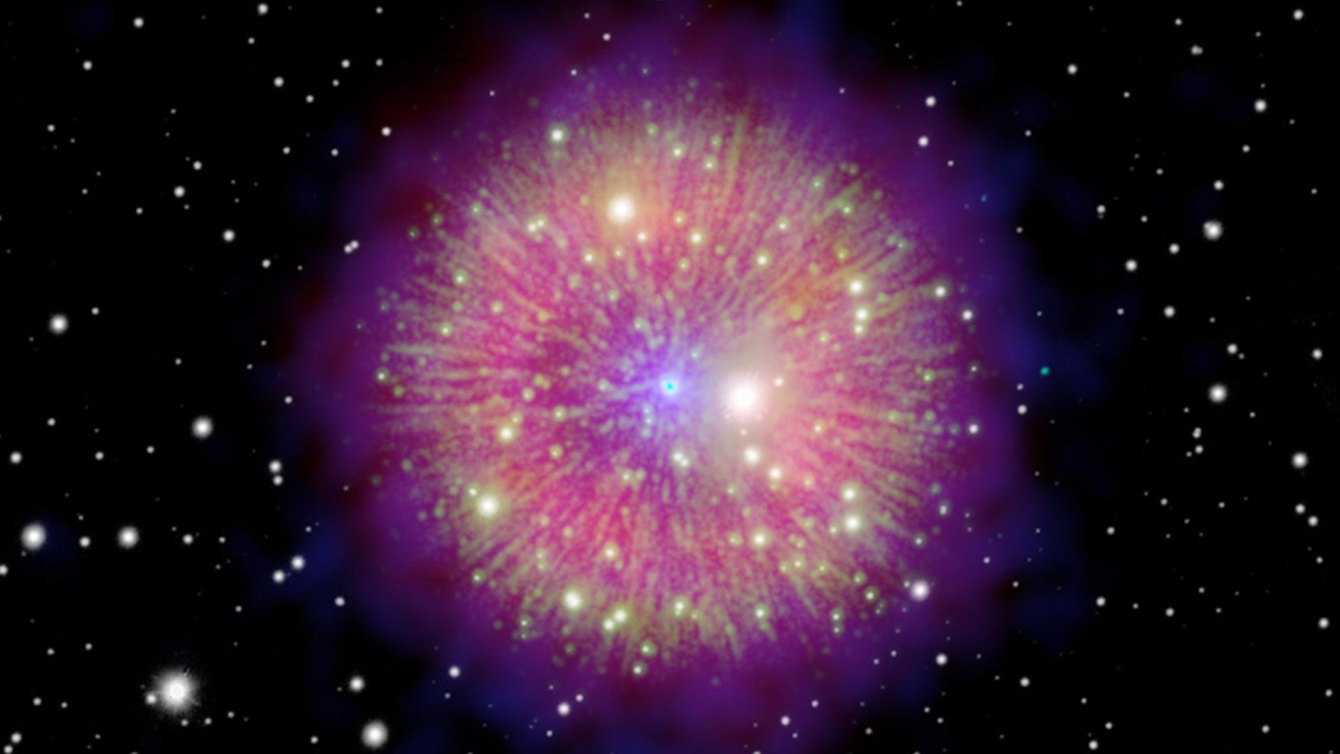 Der Überrest der Supernova von 1181 ist mittlerweile etwa 16 Lichtjahre groß – für dieses Bild wurden Daten verschiedener Teleskope kombiniert.