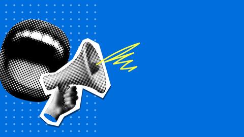 Moderne Pop-Art-Collage mit schreiendem Mund und Megafon. 