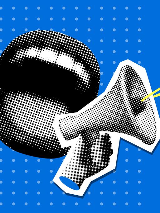 Moderne Pop-Art-Collage mit schreiendem Mund und Megafon. 