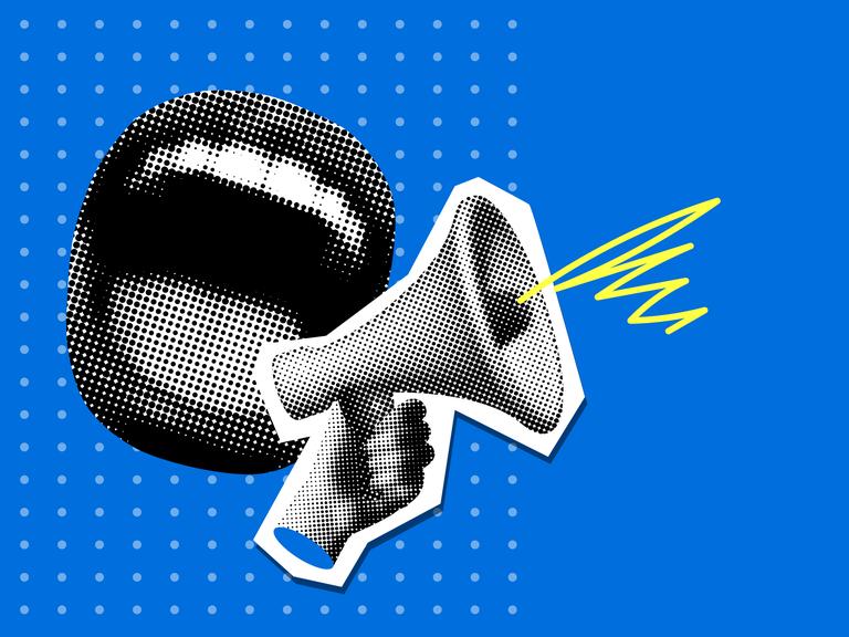 Moderne Pop-Art-Collage mit schreiendem Mund und Megafon. 