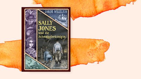 Cover des Buches "Sally Jones und die Schmugglerkönigin" von Jakob Wegelius. Der dunkle Einband wird von einem gezeichneten Tau eingerahmt. In der Mitte des Bildes eine düstere Straße, ein gebeugt gehender Mann ist mit einer schweren Kette mit einem Affen verbunden, der neben ihm geht. Beide sind von hinten zu sehen. Links auf dem Cover gezeichnete Figuren, unten links eine Unterwasserszene, oben rechts ein Schiff. 