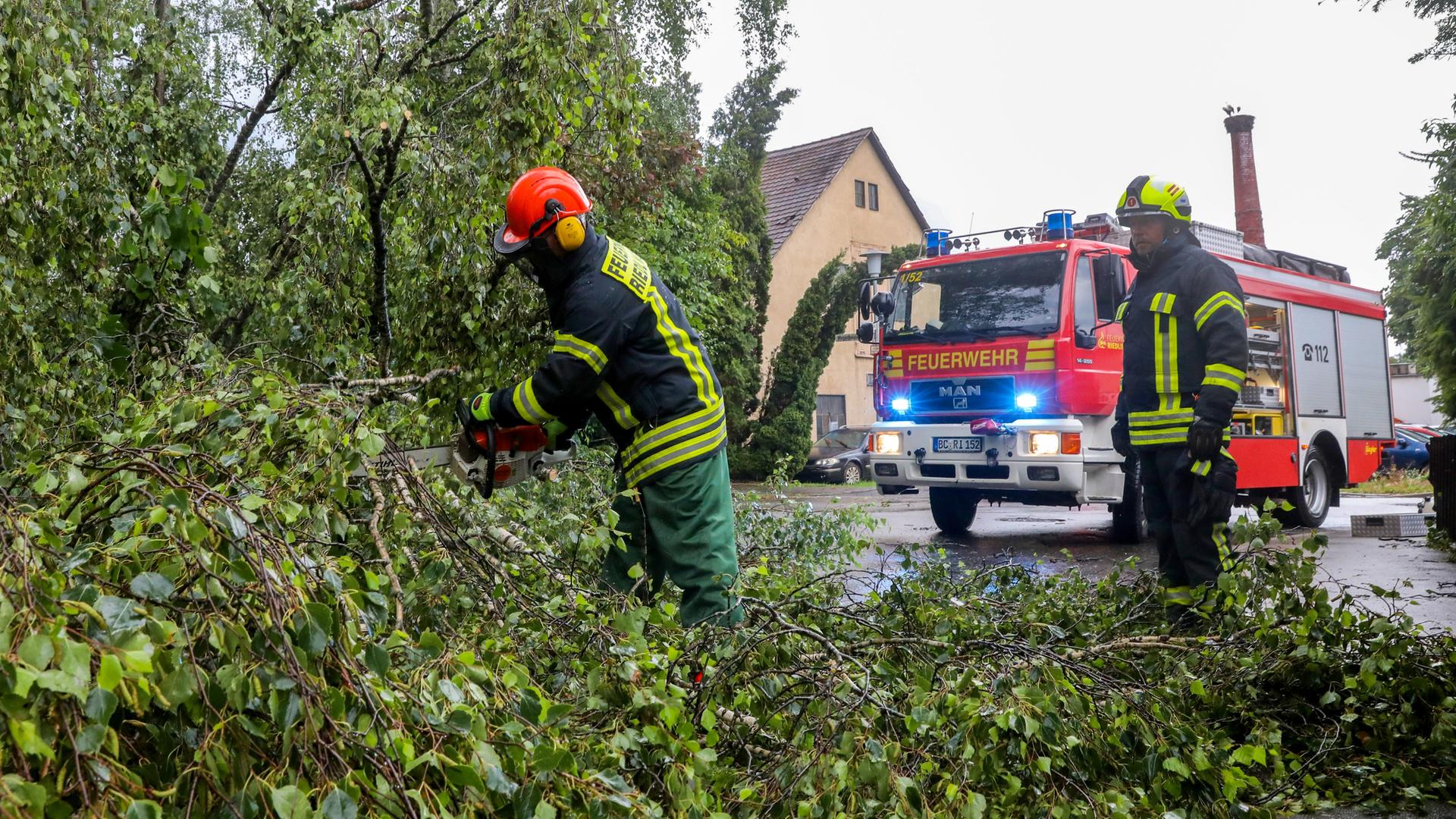 Baden-Württemberg, Riedlingen: Einsatzkräfte der Feuerwehr Riedlingen zersägen einen umgestürzten Baum. Baden-Württemberg, Riedlingen: Einsatzkräfte der Feuerwehr Riedlingen zersägen einen umgestürzten Baum.