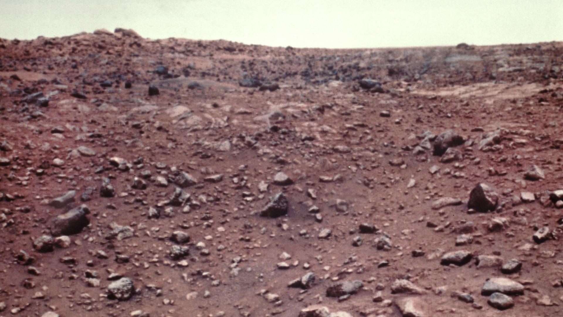 Der Marsboden besteht hauptsächlich aus rötlichem, feinkörnigen Material. Der Mars-Landeapparat und Orbiter Viking übertrug rund 1400 Aufnahmen zur Erde, bis der Kontakt am 13. November 1982 schließlich abbrach Der Marsboden besteht hauptsächlich aus rötlichem, feinkörnigen Material. Der Mars-Landeapparat und Orbiter Viking übertrug rund 1400 Aufnahmen zur Erde, bis der Kontakt am 13. November 1982 schließlich abbrach