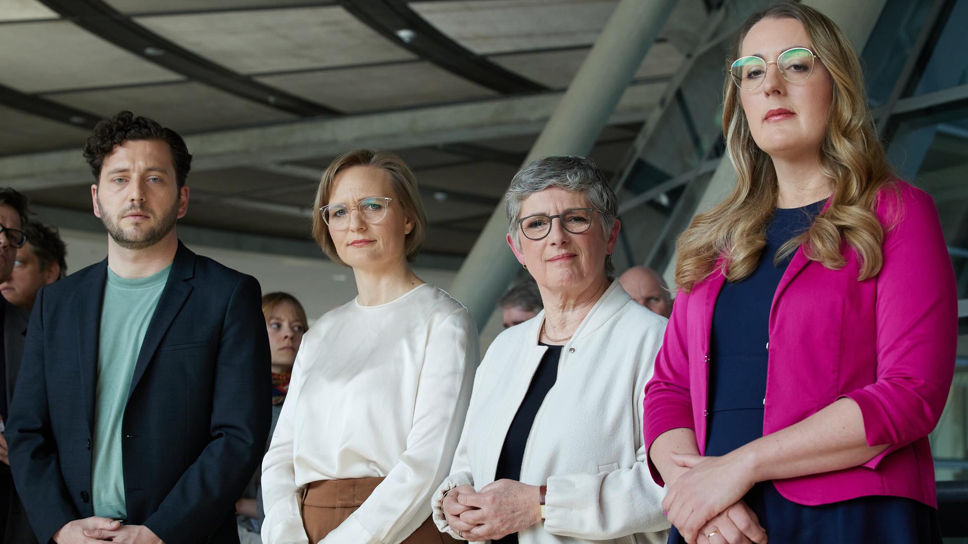 Grünen-Parteivorsitzende Felix Banaszak (l-r) und Franziska Brantner sowie die Grünen-Fraktionsvorsitzenden Britta Haßelmannund Katharina Dröge, Fraktionsvorsitzende von Bündnis 90/Die Grünen